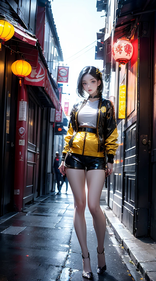 Masterpiece,Best quality,A high resolution, 1girll,From below,(Very thin and straight legs)，,(Very long legs，Straight legs),,High heels,long leges,standing on your feet, Long legs as seen from the front, Perfect body,with perfect legs,(exteriors)，full bodyesbian，cyber punk perssonage，dynamicposes，1girll，Elaborate Eyes，Brown eyes，eye shadows，putting makeup on，long whitr hair， Detailed face， Detailed eyes， looking at viewert， blusher\（putting makeup on\）， full pouty lips， Redlip，（long whitr hair：1.3）， （standing on your feet）Mechanically static，Mechanical summoning，(hair adornments:1.1)，head gear，((((Short yellow jacket，Ultra shorts))))，(black lence stockings，Stocking suspenders)，City，Luminescent windings，With a long sword in his hand，missiles，cyberpunk lights:1.1)，neonlight，Fully mechanical and futuristic elements，technologies，The background is a traditional Chinese street，china town， the street， Skysky， cyber punk perssonage， paper lanterns， Neon Super Resolution，（Reality：1.3），1（Slim：1.2），dramatic lights，vibrant detail，Luxurious cyberpunk，the complex background，rendering by octane，