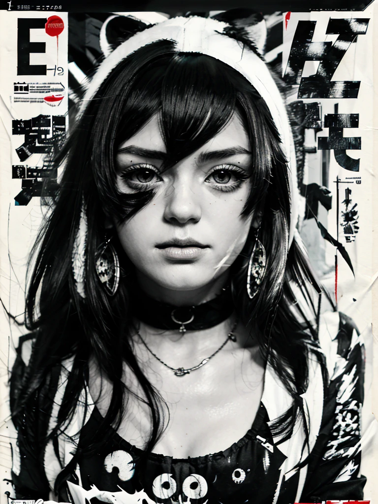 posters, anime style illustration ,skullish, black andwhite