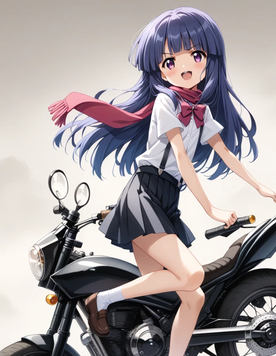 score_9, score_8_up, score_7_up, score_6_up, source_anime,,,,1girl, solo, furude rika, (tween:1), kawaii, blue hair, purple eyes, long hair, blunt bangs, bangs, simple background, white background, bow, skirt, shirt, suspenders, smile, short sleeves, pleated skirt, white shirt, open mouth, red bow, ^_^, suspender skirt, , black skirt, collared shirt, blush, bowtie, blunt bangs, dress shirtt, , anime screencap, anime coloring.serious,(a girl riding a motorcycle at full speed:1.3),(from side:1.1),(only one leg is visible:1.3),(wearing warm scarf on neck:1.2),(looking aside:1.2),(serious expression:1.1)