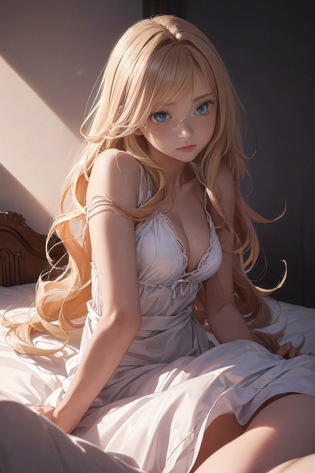 ((1 Female, 1 person, Solitary) Alice,  Humanity, Long curly blond hair, blue eyes, freckle, ager, 18 years, Rebirth_ongoing) (Main Part, Super detailed, 8K, (HD, Sunlight:0.5, Soft_shadow:0.5, atmosphere_light, 8K, 4K, Surrealism, elegant, ((((Appearance)))), Soft Ton, 柔和的light))(((Dark, Chiaroscuro)))whole body，Lying in bed