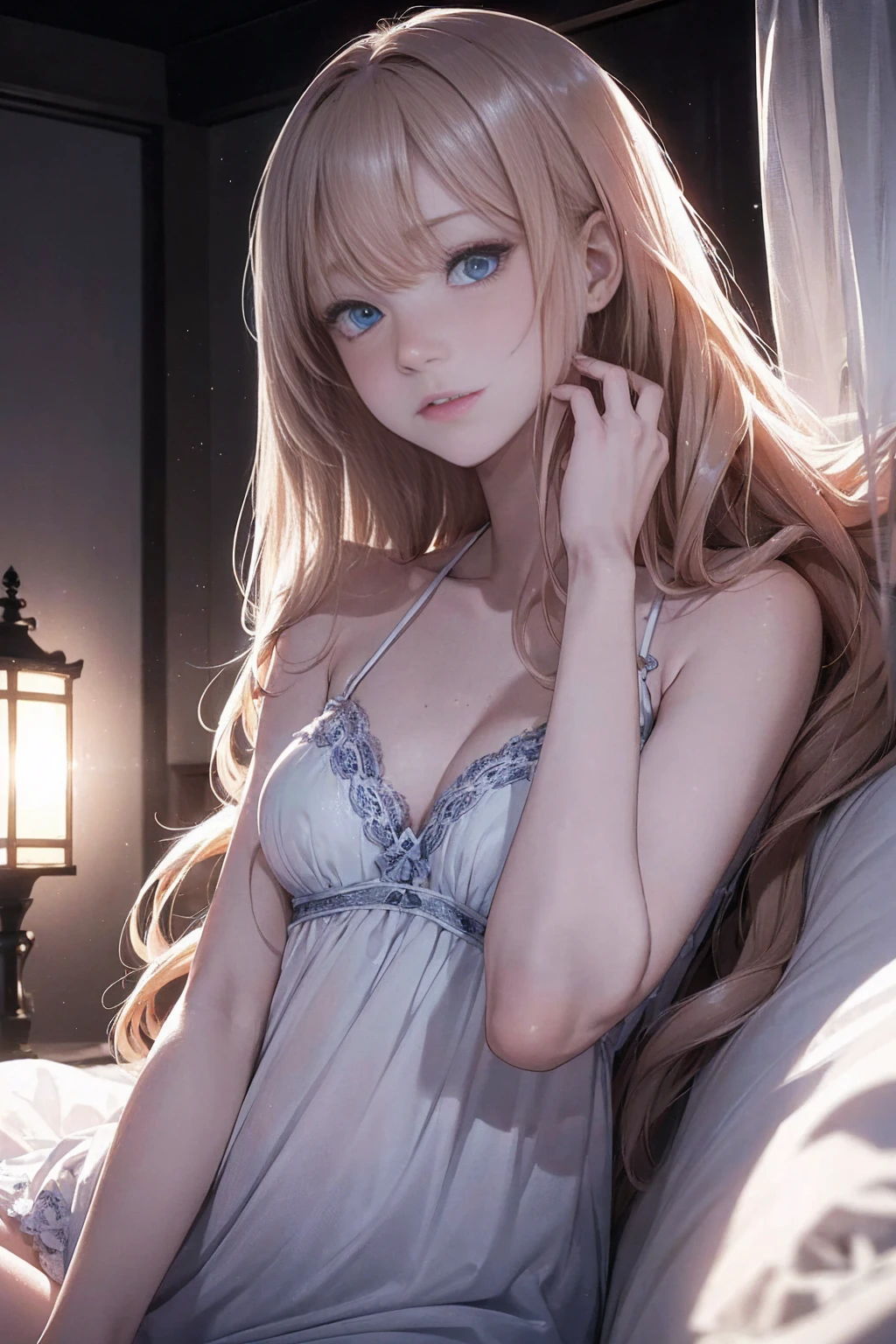 ((1 Female, 1 person, Solitary) Alice,  Humanity, Long curly blond hair, blue eyes, freckle, teenager, 18 years, Rebirth_ongoing) (Main Part, Super detailed, 8K, (HD, Sunlight:0.5, Soft_shadow:0.5, atmosphere_light, 8K, 4K, Surrealism, elegant, ((((Appearance)))), Soft Ton, 柔和的light))(((Dark, Chiaroscuro)))whole body，Lying in bed