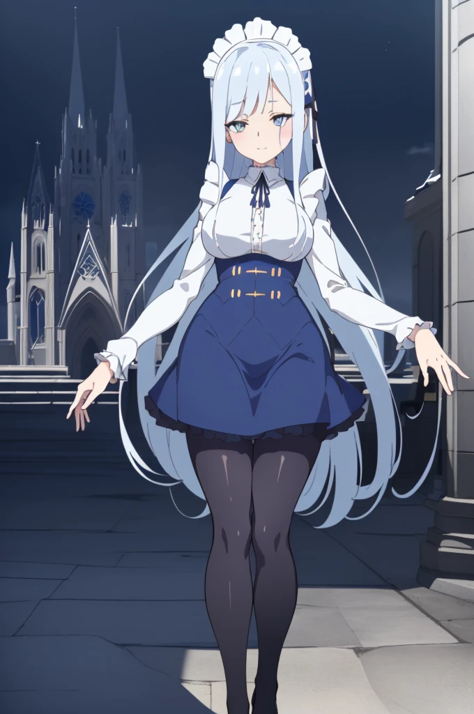 ((cathedral background)),1 girl! Ray tracing, best shadows, high resolution (dim lighting) blue hair, plump and slender girl, (girl wearing white shirt, black wrinkled skirt, with black transparent pantyhose), showing a delicate slim figure and graceful curves, correctly positioned and reasonable limbs! facial details! Delicate facial features, pay attention to the position details of the legs! Pay attention to hand details! High quality! More eligible! Reduce errors, ultra-detailed CG, more reasonable picture! Delicate finger detailing,((blue medium hair)),((White Maid Costume)),blue eyes,((whole body)),whole body,((White Maid Costume)),((White Maid Costume)),evil smile,((cathedral background)),((cathedral background)),