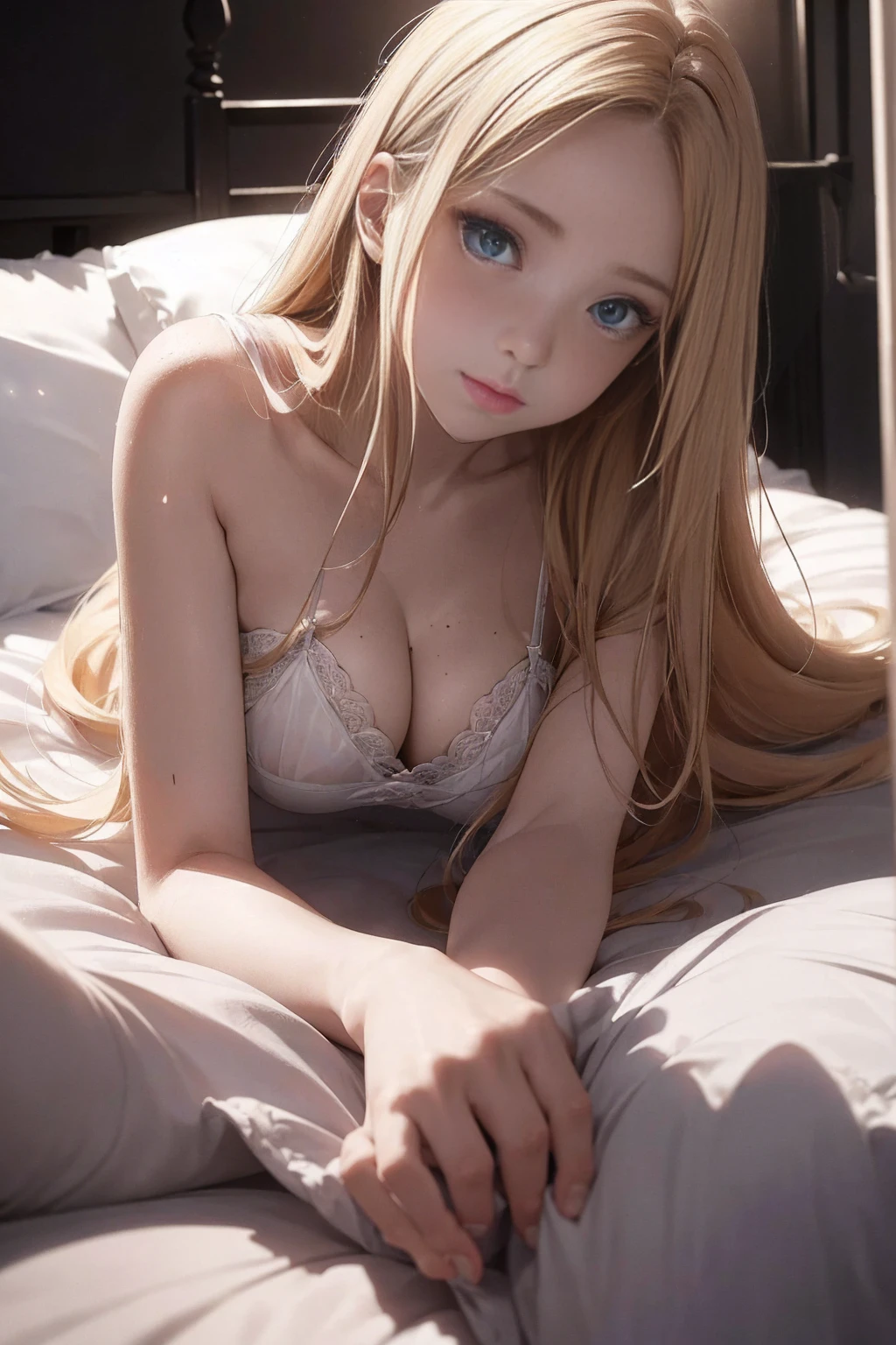 ((1 Female, 1 person, Solitary) Alice, Humanity, Long curly blond hair, blue eyes, freckle, ager, 18 years, Rebirth_ongoing) (Main Part, Super detailed, 8K, (HD, Sunlight:0.5, Soft_shadow:0.5, atmosphere_light, 8K, 4K, Surrealism, elegant, ((((Appearance)))), Soft Ton, 柔和的light))(((Dark, Chiaroscuro)))whole body,Lying in bed