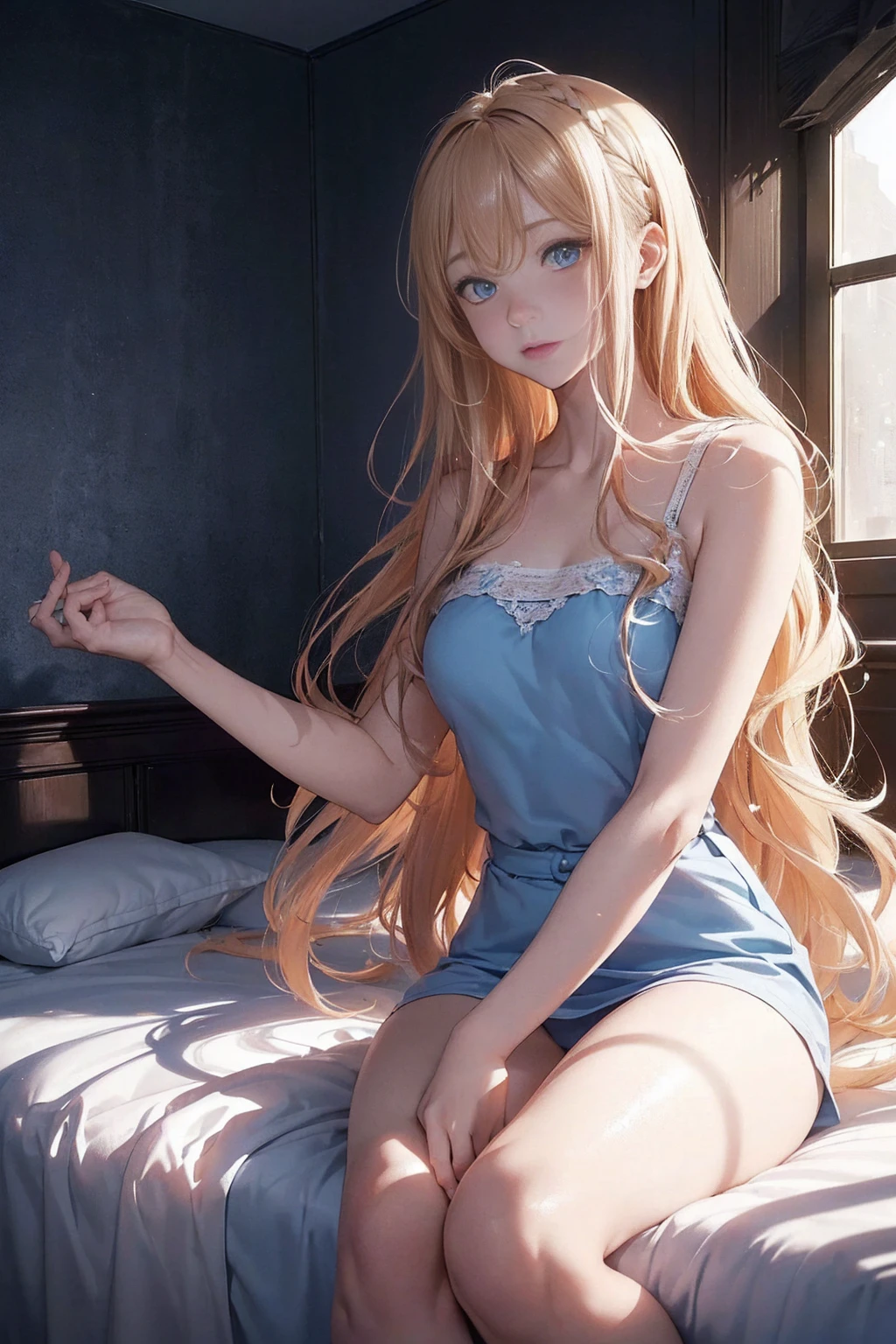 ((1 Female, 1 person, Solitary) Alice,  Humanity, Long curly blond hair, blue eyes, freckle, ager, 18 years, Rebirth_ongoing) (Main Part, Super detailed, 8K, (HD, Sunlight:0.5, Soft_shadow:0.5, atmosphere_light, 8K, 4K, Surrealism, elegant, ((((Appearance)))), Soft Ton, 柔和的light))(((Dark, Chiaroscuro)))whole body，Lying in bed