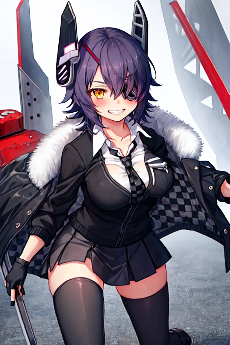 best quality, masterpiece, solo, {tenryuu_kantaicollection:1.15}, teen_girl, eyepatch, short_hair, purple_hair, yellow_eyes, headgear, breasts, necktie, large_breasts, smile, 1girl, blush, checkered_necktie, hair_over_one_eye, shirt, collared_shirt, white_shirt, jacket, sleeveless, brown_eyes, fur-trimmed_jacket, fur_trim, collarbone, looking_at_viewer, pocket, breast_pocket, grin, black_jacket, messy_hair, black_gloves, gloves, partially_fingerless_gloves,harbor_town_background,short_skirt,thigh-highs,boots,