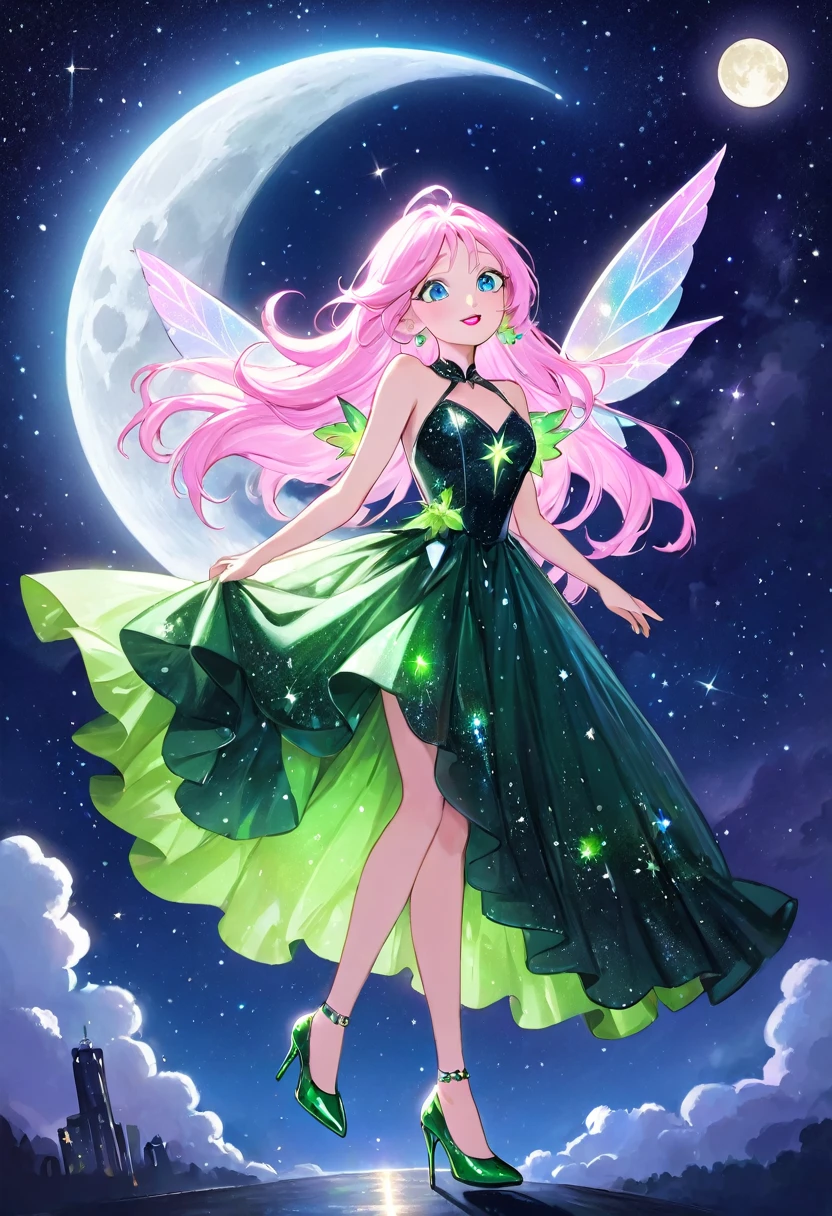 a mature elegant woman with long light pink hair and clear blue eyes, wearing a dark green sparkling elegant dress with a nature-inspired appearance, wearing bright purple high heels, with prismatic purple, green and white fairy wings, wearing pink lipstick, flying in the night sky with a bright moon, accumulating a glowing green energy