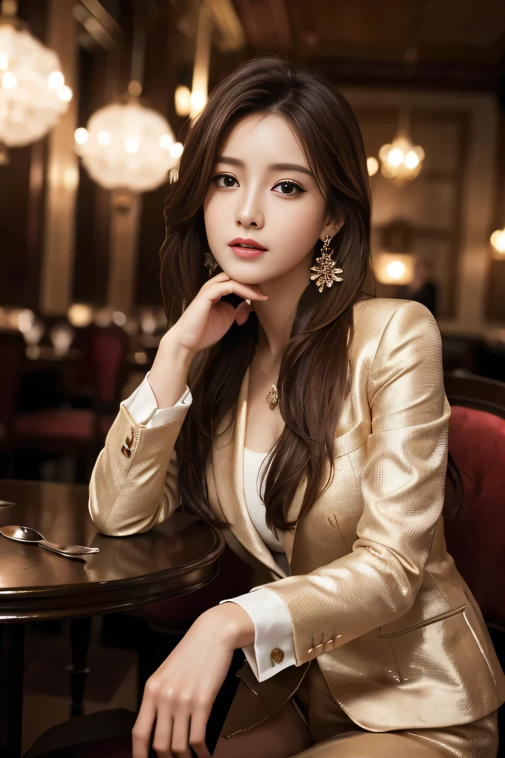 masterpiece, Highest quality, Realistic, Very detailed, Finer details, High resolution, 8k wallpaper, One beautiful woman, Wear a nice suit, In a great restaurant, At night, Light brown messy hair, Perfect dynamic composition, Beautiful and beautiful eyes、Big earrings、Sit on a chair、