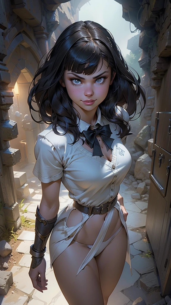 (La Best Quality,A high resolution,Ultra - detailed,actual),Selena Gomez ,by white, (Straight hair), bangs on one side, nod, (waist), light brown cardigan, white plaid skirt , white bow tie, arms behind the back, looking at the viewer, happy smile, Prohibited, exterior, From above, adolescent, (depth of field), Masterpiece, Best Quality,,(Ruined dungeon ruins background:1.4 ), (perfect anatomy :1.4), (high school hallway background :1.4), (school lockers :1.4), (Selena Gomez :1.4), (cinematic lighting :1.4), (skirt lifted by itself: 1.1), (skirt lift: 1.3), (showing white panties: 1.3), (mostrando panties White :1.4), (background cave cavern large stones hallway :1.4), Estilo de epic fantasy art HD, 4K fantasy art, epic fantasy digital art style, epic fantasy art style, fantasy woman, epic fantasy art portrait, epic fantasy style, hyperrealistic fantasy art, fantasy art in high definition, Epic fantasy character art., epic fantasy art, in dark fantasy art style, epic fantasy digital art, (detailed face :1.4)