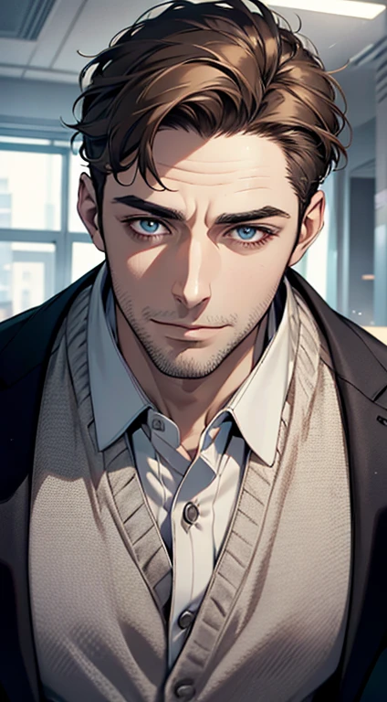 (best quality,4k,8k,highres,masterpiece:1.2),ultra-detailed,(realistic,photorealistic,photo-realistic:1.37),1 man,31 years old,mature man,very handsome,without expression,smile,short grey brown hair,blue eyes,penetrating gaze,perfect face without errors,imposing posture,businessman,office background,cinematic lighting,hdr image
