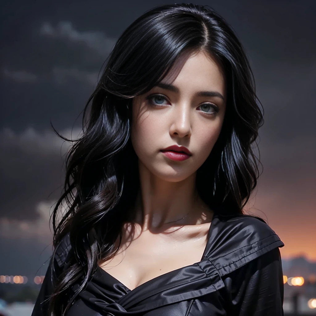 masterpiece, best quality,, sexy women, (colorful),(finely detailed beautiful eyes and detailed face),cinematic lighting,bust shot,extremely detailed CG unity 8k wallpaper,wavy hair,solo,angry face,red dress,((flying petal)), sky, cloudy_sky, building, moonlight, moon, night, (dark theme:1.3), light, fantasy,