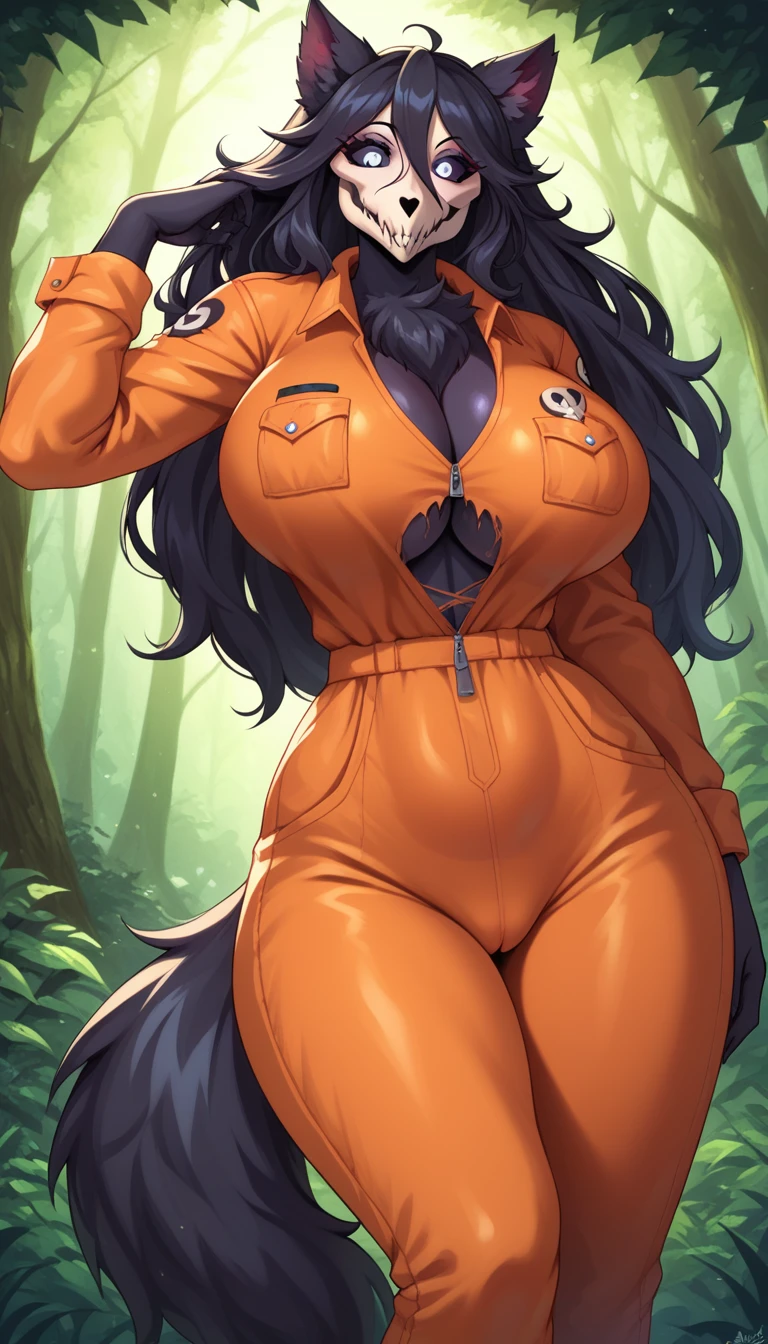 score_9, score_8_up, score_7_up, score_6_up, BREAK, BadSCPXL, hairy antrum, hairy female, body fur, black fur, skull head, white eyes, shiny eyes, black sclera, black hair, long hair, hair between the eyes, ears animals, back tail, big breasts, orange jumpsuit, alone, standing, looking at viewer, in a forest, heart eyes, torn clothes, NSFW, visible pussy