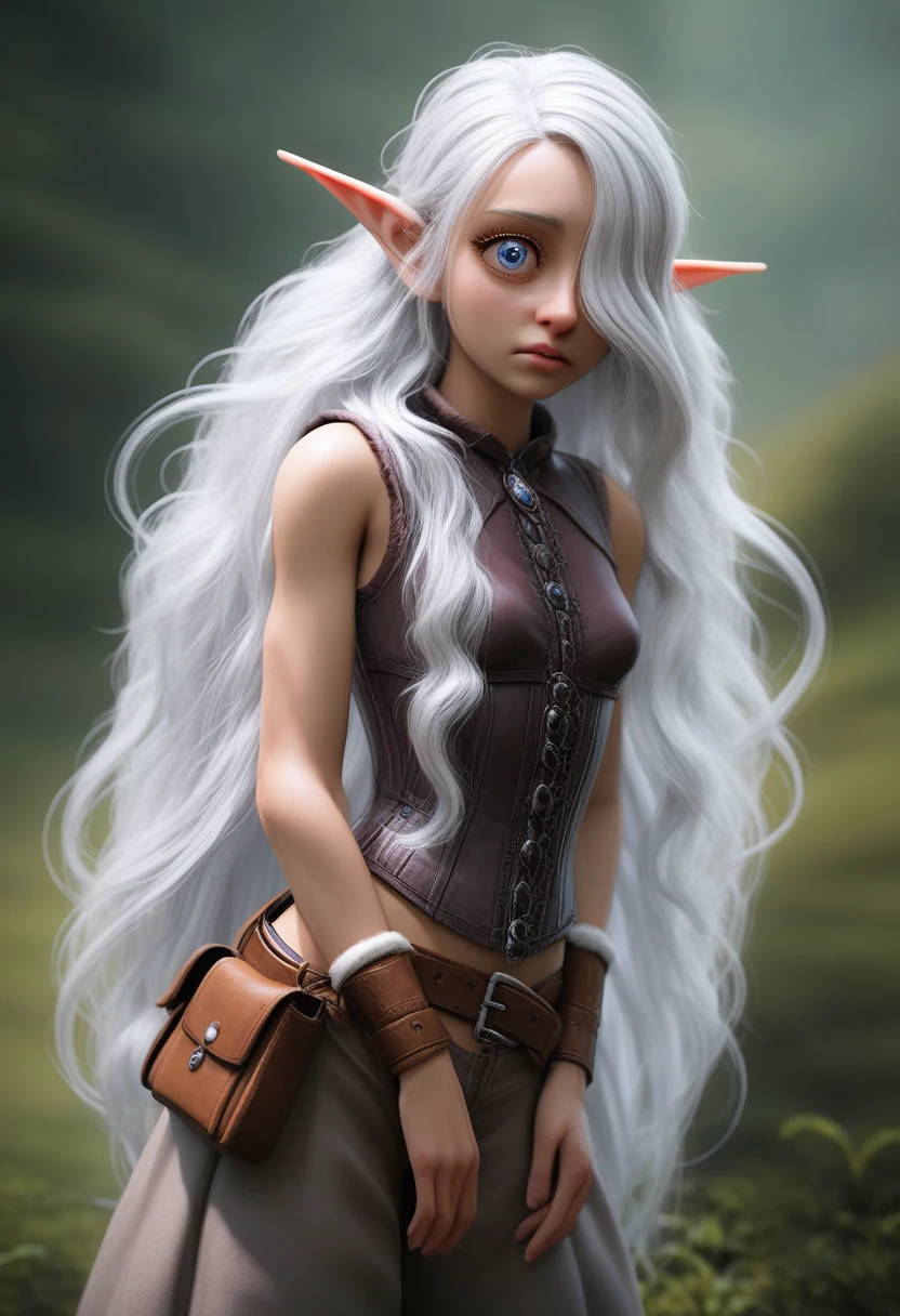 A girl with pale skin, short stature, very long wavy silver hair covering one eye, small breasts, pouty lips, and bright blue anime-style eyes with long lashes, wearing a corset, white puffy long sleeved shirt, and puffy cloth pants, leather bound boots, set in a windy fantasy landscape, (best quality,4k,8k,highres,masterpiece:1.2),ultra-detailed, dungeons and dragons, long elf ears, small girl, detailed skin and cloth textures, cute detailed face, intricate details, extremely detailed, 1girl, dynamic pose with hair covering one eye, shy personality, puffy cloth pants with leather belt, detailed privateer outfit, detailed buccaneer outfit, pouch on belt, wearing ornate leather armor with fur trim, silver inlay detail, wearing fur trimmed boots, wearing fur trimmed gloves, short, short height, halfing girl, small girl, very long detailed flowing hair, big head, big round eyes, windy, wind blown hair, wirey muscles