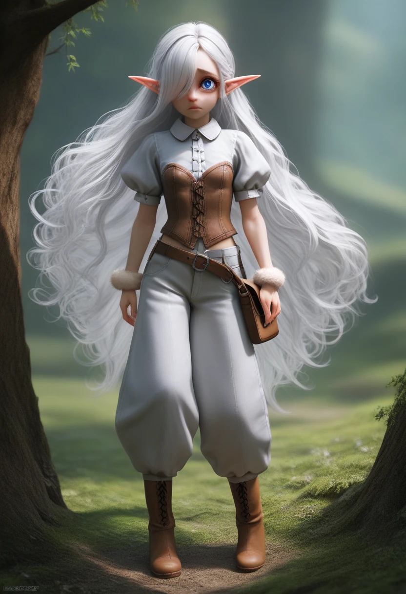 A girl with pale skin, short stature, very long wavy silver hair covering one eye, small breasts, pouty lips, and bright blue anime-style eyes with long lashes, wearing a corset, white puffy long sleeved shirt, and puffy cloth pants, leather bound boots, set in a windy fantasy landscape, (best quality,4k,8k,highres,masterpiece:1.2),ultra-detailed, dungeons and dragons, long elf ears,  girl, detailed skin and cloth textures, cute detailed face, intricate details, extremely detailed, 1girl, dynamic pose with hair covering one eye, shy personality, puffy cloth pants with leather belt, detailed privateer outfit, detailed buccaneer outfit, pouch on belt, wearing ornate leather armor with fur trim, silver inlay detail, wearing fur trimmed boots, wearing fur trimmed gloves, short, short height, halfing girl, small girl, very long detailed flowing hair, big head, big round eyes, windy, wind blown hair, wirey muscles