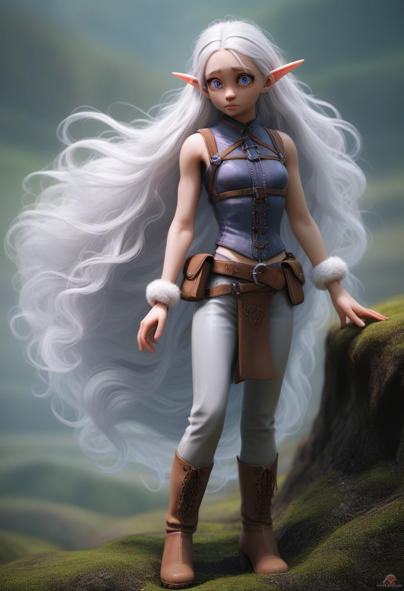 A girl with pale skin, short stature, very long wavy silver hair covering one eye, small breasts, pouty lips, and bright blue anime-style eyes with long lashes, wearing a corset, white puffy long sleeved shirt, and puffy cloth pants, leather bound boots, set in a windy fantasy landscape, (best quality,4k,8k,highres,masterpiece:1.2),ultra-detailed, dungeons and dragons, long elf ears, small girl, detailed skin and cloth textures, cute detailed face, intricate details, extremely detailed, 1girl, dynamic pose with hair covering one eye, shy personality, puffy cloth pants with leather belt, detailed privateer outfit, detailed buccaneer outfit, pouch on belt, wearing ornate leather armor with fur trim, silver inlay detail, wearing fur trimmed boots, wearing fur trimmed gloves, short, short height, halfing girl, small girl, very long detailed flowing hair, big head, big round eyes, windy, wind blown hair, wirey muscles