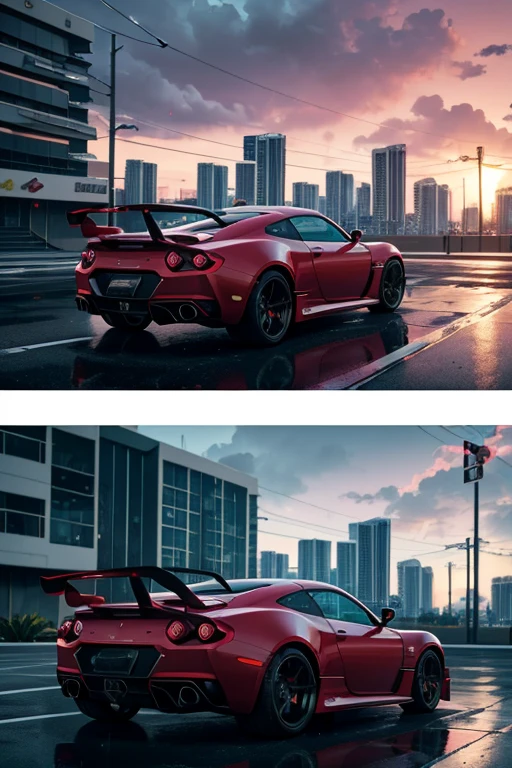 still next - gen ps 5 game grand theft auto 6 2 0 2 4 remaster, graphics mods, rain, red sunset, people, rtx reflections, gta vi, miami, palms and miami buildings, photorealistic screenshot, unreal engine, 4 k, 5 0 mm bokeh, close - up concept sport car!, gta vice city remastered, artstation