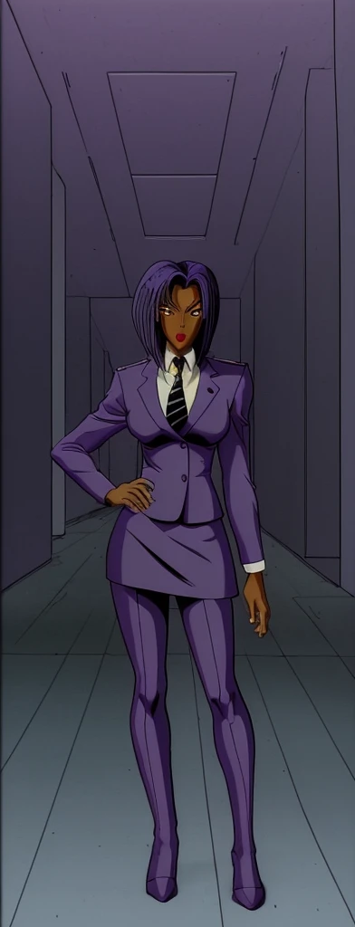 90s style skinny Anime Evil black skinned business woman in a purple military skirt suit with a tie on