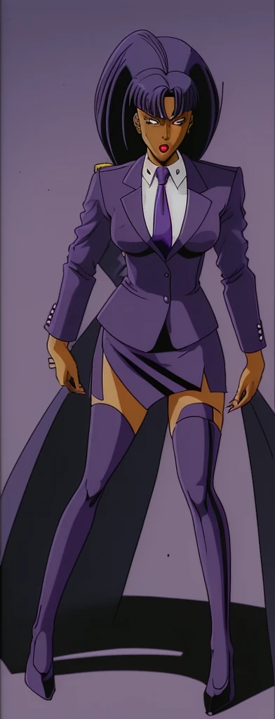 90s style skinny Anime Evil black skinned business woman in a purple military skirt suit with a tie on