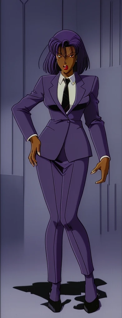 90s style skinny Anime Evil black skinned business woman in a purple military skirt suit with a tie on