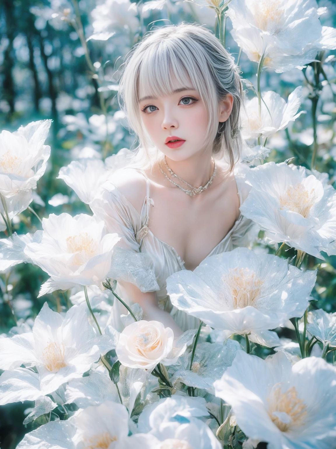 (((masterpiece))), Highest quality, shape, 4k wallpaper, Cinematic Light, Absurd, One Girl,(snow,ice), snowの花, In winter, Gray Hair, Shiny Hair, Wavy Hair, Transparent clothes, Frills, Race, Wet clothes, off_shoulder, Hair Scrunchie,masterpiece, Telescope Lens, Absurd, GRaceful featureovie Posting,Poster composition,Strike a pose gRacefully,Classic,Natural light,Soft Light,(The Seven Doppelgangers) ,wonderful,Dreams are magical,mysterious、Ecstasy