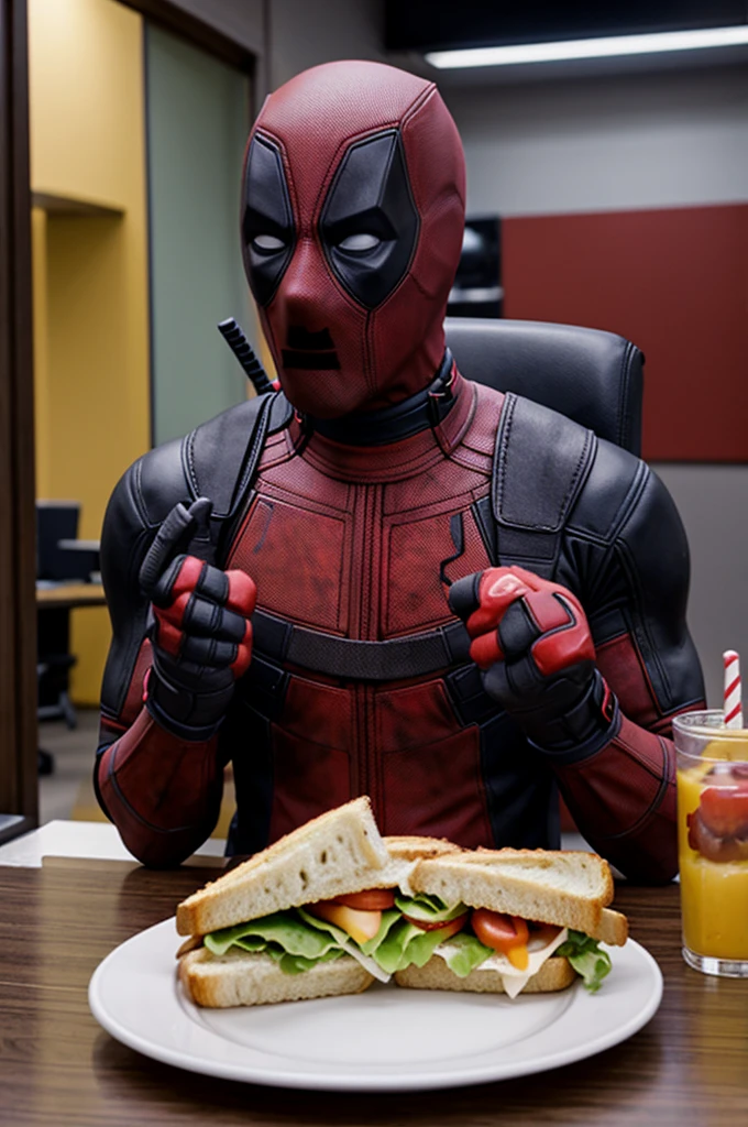 Deadpool en call center comiendo sandwich y hotdog