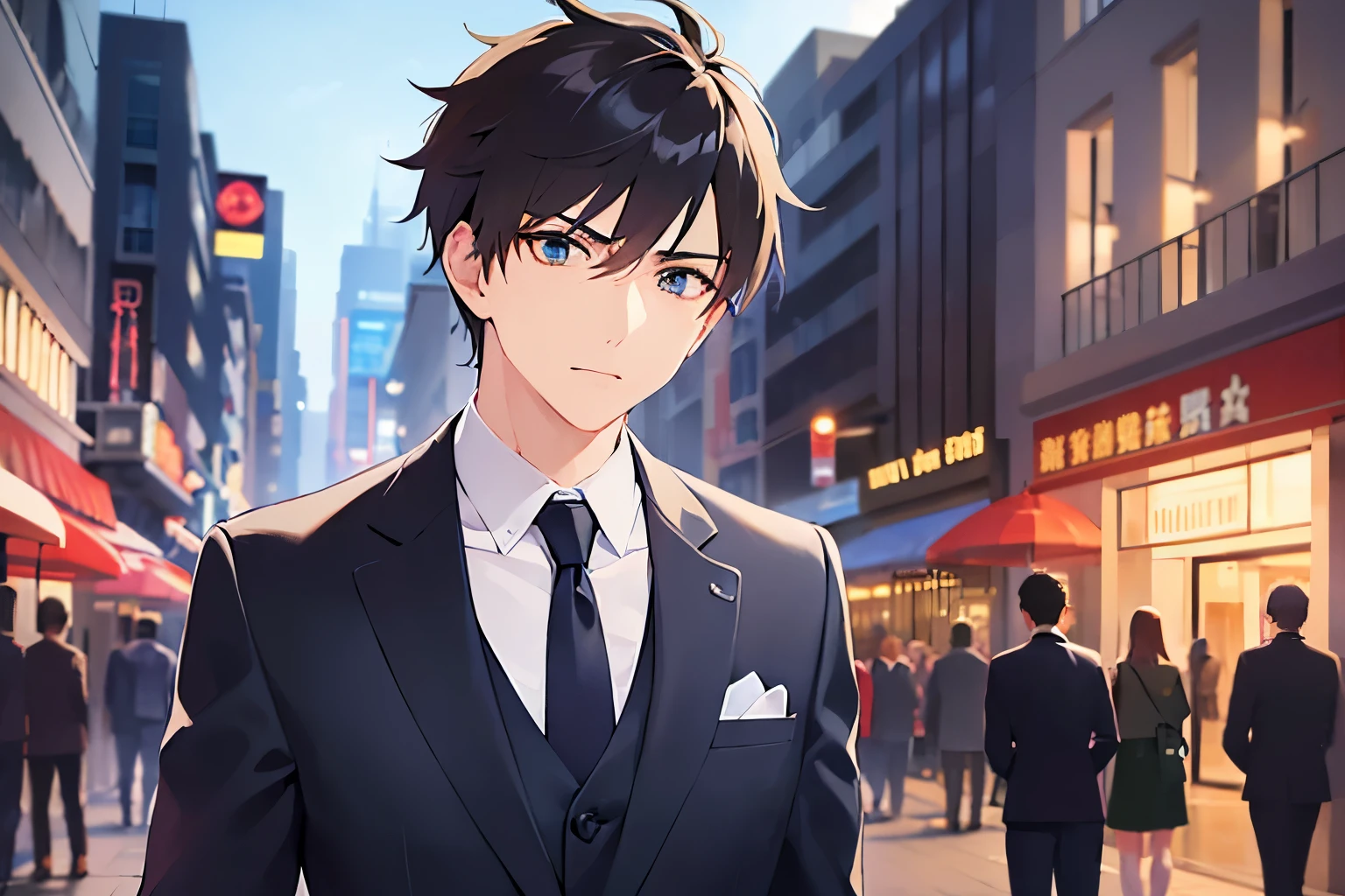 cinematic angle, upper body、shiny skin、look back, masterpiece、Highest quality、(25-year-old male:1.5) and (Brown short hair) and (Green Eyes), (Wearing a suit:1.3) and (Blue tie)、Are standing、Serious expression, The background is a shopping street at night、(Alone:1.5)、