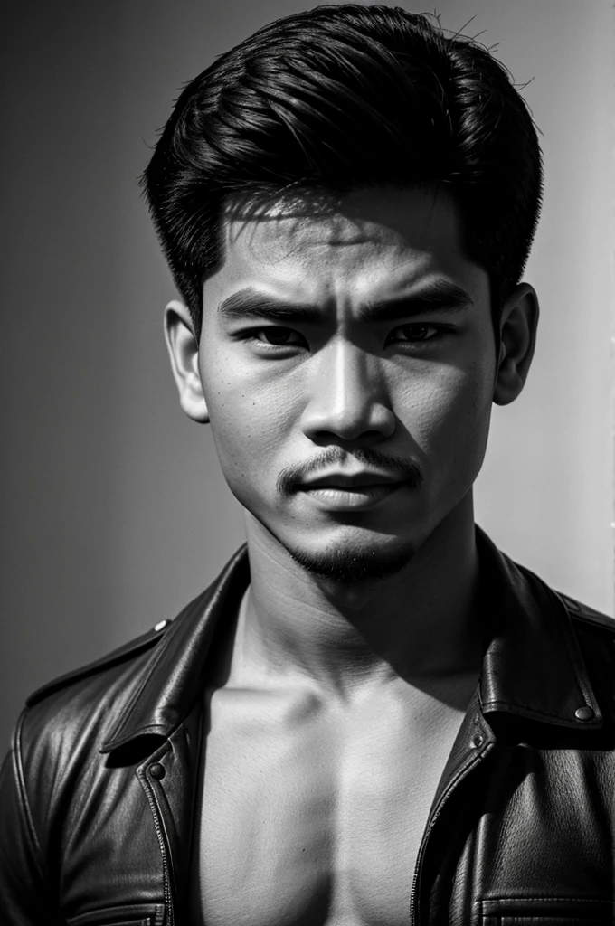 make character of my action film and his name is " Jim ". This man is filipino in age of 22, but his face or posture is not old, and attractive because of nose and eyebrow. Wearing pinoy 80's men outfit. The facial expression of this man is normal, not smiling, not sad. The background of this picture is old years 1984, black and white picture