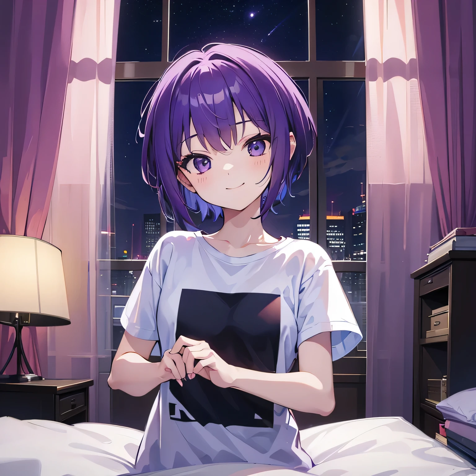 (T Masterpiece，4k wallpaper，Best Quality))、((girl１people))、(solo)、Bright and Brilliant，(Purple Hair)、(short hair:1.3)、smile、Bedroom、T-Shirts、night