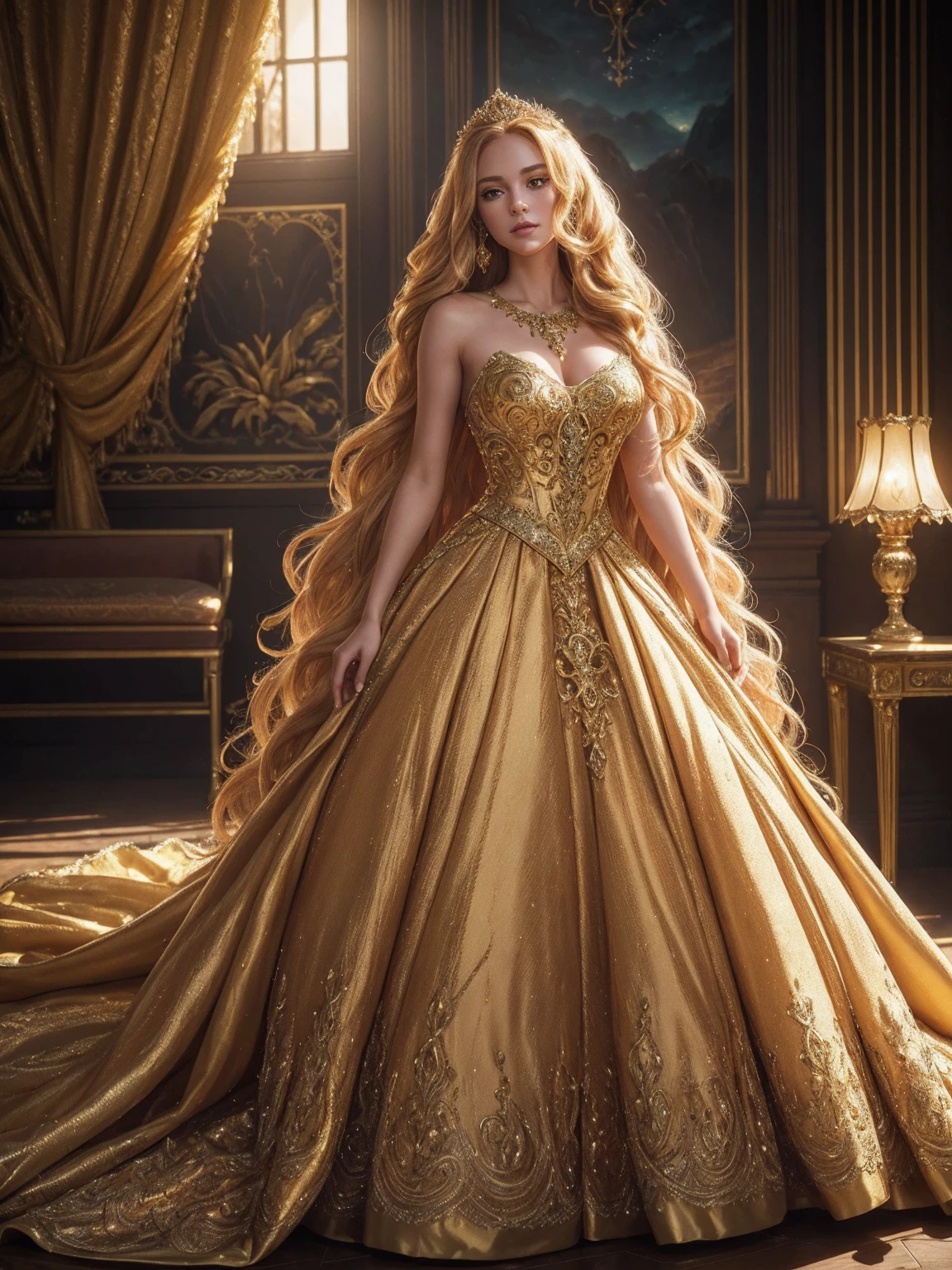 a beautiful princess, long golden dress, long golden hair, golden shoes, highly detailed, 8k, photorealistic, intricate details, elegant, radiant, glowing, warm lighting, natural lighting, studio lighting, lush environment, detailed background, fantasy landscape, cinematic composition, dramatic lighting, rich color palette, vibrant colors, hyper-detailed, masterpiece, photo-real