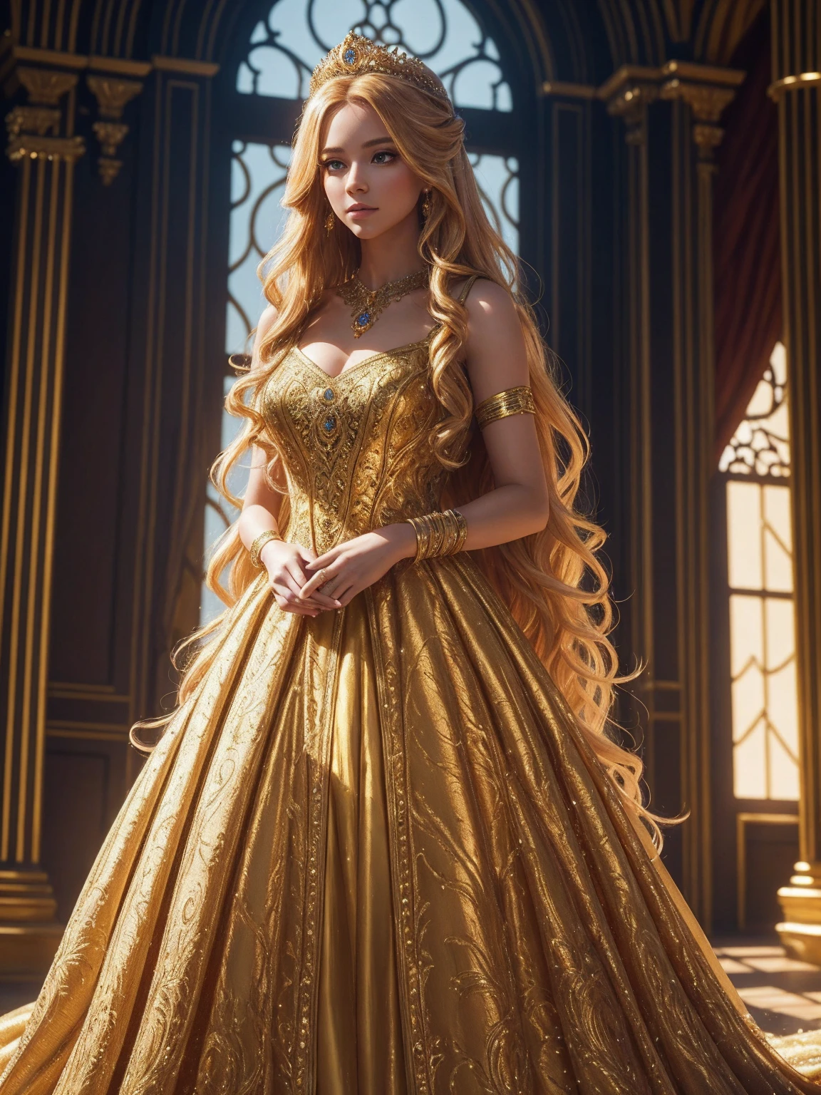 a beautiful princess, long golden dress, long golden hair, golden shoes, highly detailed, 8k, photorealistic, intricate details, elegant, radiant, glowing, warm lighting, natural lighting, studio lighting, lush environment, detailed background, fantasy landscape, cinematic composition, dramatic lighting, rich color palette, vibrant colors, hyper-detailed, masterpiece, photo-real