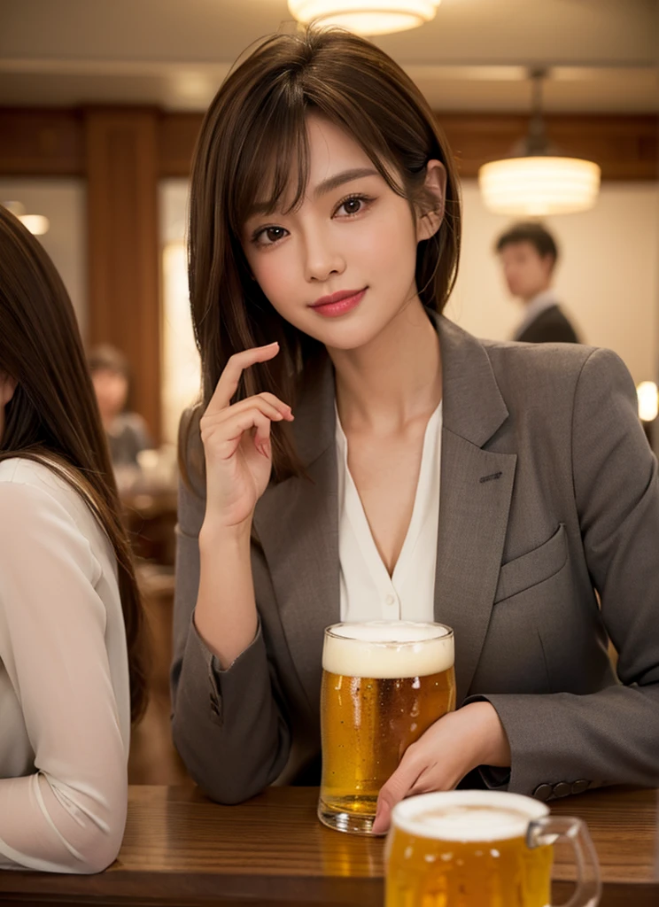 Only one woman, Sit at the counter table, (Holding a beer mug) In one hand, office worker, Suit jacket, Stylish clothes, Mature Woman, /(Light brown hair/) bangs, A gentle, blushing smile, (Drunk:0.8), (Masterpiece Top quality:1.2) Delicate illustrations, Very detailed, Big break (A lively tavern) indoor, 1 bottle of beer, Crowded, (Warm lighting), Detailed Background