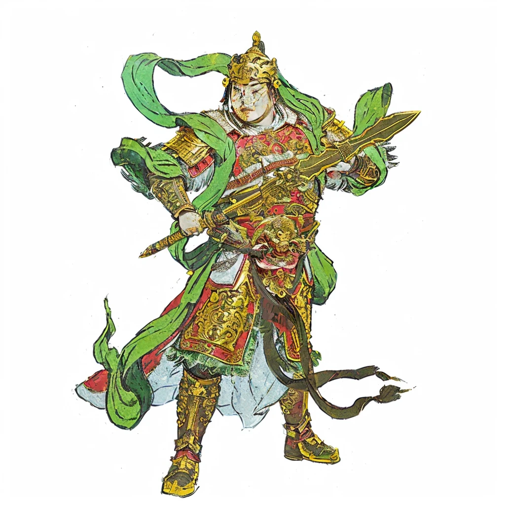 an ancient young chinese warrior with armour (gold and red color), holding a curvy sculpted sword, green deity ribbon, no beard, chubby face, big chin