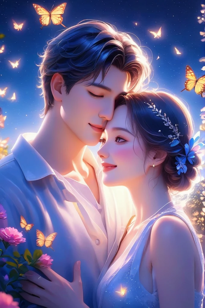 1 couple hugging under the starry sky, butterflies around them, detailed faces and expressions, romantic, cinematic lighting, vibrant colors, highly detailed, 8k, photorealistic, masterpiece