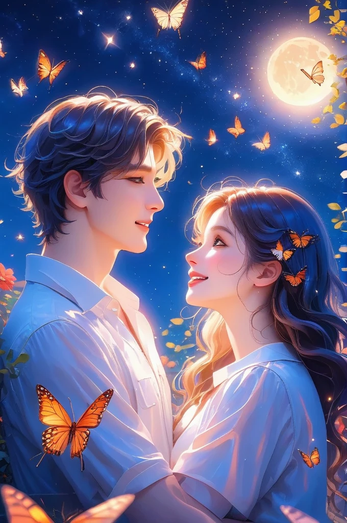 1 couple hugging under the starry sky, butterflies around them, detailed faces and expressions, romantic, cinematic lighting, vibrant colors, highly detailed, 8k, photorealistic, masterpiece