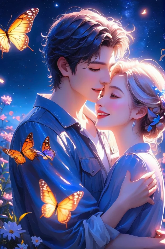 1 couple hugging under the starry sky, butterflies around them, detailed faces and expressions, romantic, cinematic lighting, vibrant colors, highly detailed, 8k, photorealistic, masterpiece