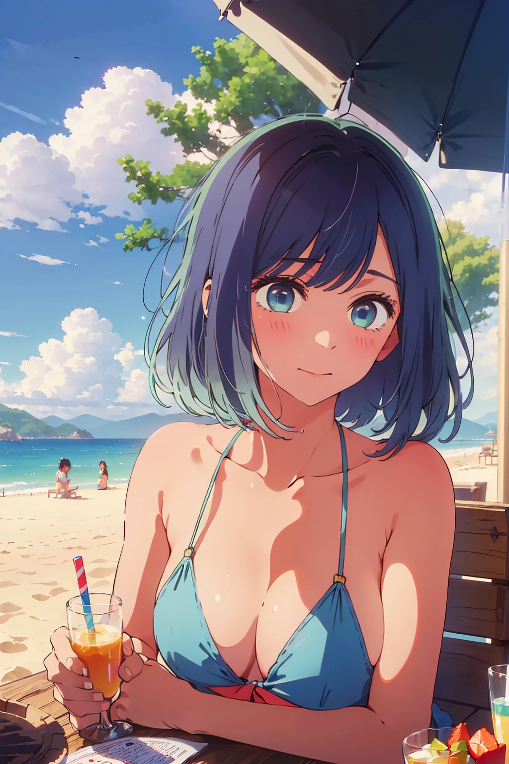 (Highest quality:1.4、masterpiece:1.4、Super detailed:1.4、8K:1.4)、((((1 person、Surprised expression、sit、Outdoor café terrace、coastal、juice、table、Sandy Beach、juiceのグラスを持つ、Plain Bikini、The depth of the written world、Very soft boobs、Big eyes、Very cute face))))、F cup bust、Medium breast、Sideboob