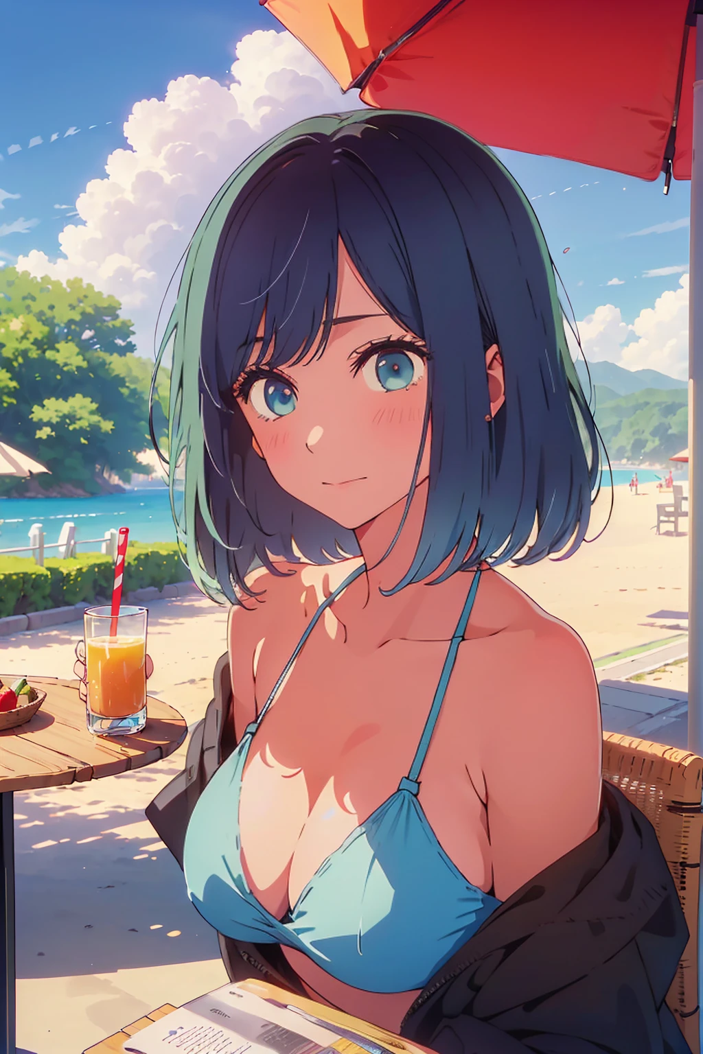 (Highest quality:1.4、masterpiece:1.4、Super detailed:1.4、8K:1.4)、((((1 person、Surprised expression、sit、Outdoor café terrace、coastal、juice、table、Sandy Beach、juiceのグラスを持つ、Plain Bikini、The depth of the written world、Very soft boobs、Big eyes、Very cute face))))、F cup bust、Medium breast、Sideboob