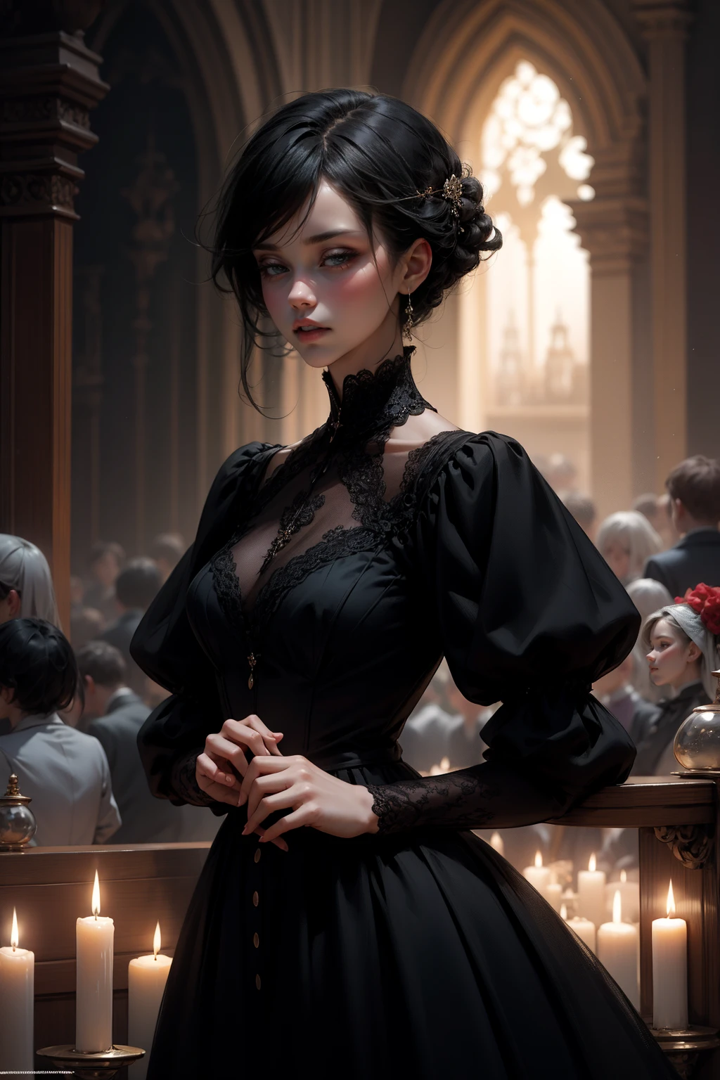 {-erro_de_anatomia:1.0} woman 30 years old, black victorian dress, brown eyes, black hair, short hair, bang, 1968s style, on the saloon, baile, looking at viwer, upper body, dark background, candles, witchcraft, dinamic poses, magic, potions, wearing red lipstik