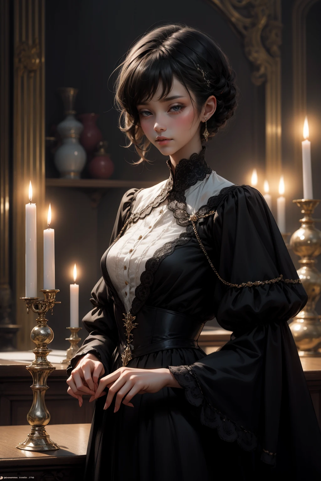 {-erro_de_anatomia:1.0} woman 30 years old, black victorian dress, brown eyes, black hair, short hair, bang, 1968s style, on the saloon, baile, looking at viwer, upper body, dark background, candles, witchcraft, dinamic poses, magic, potions, wearing red lipstik
