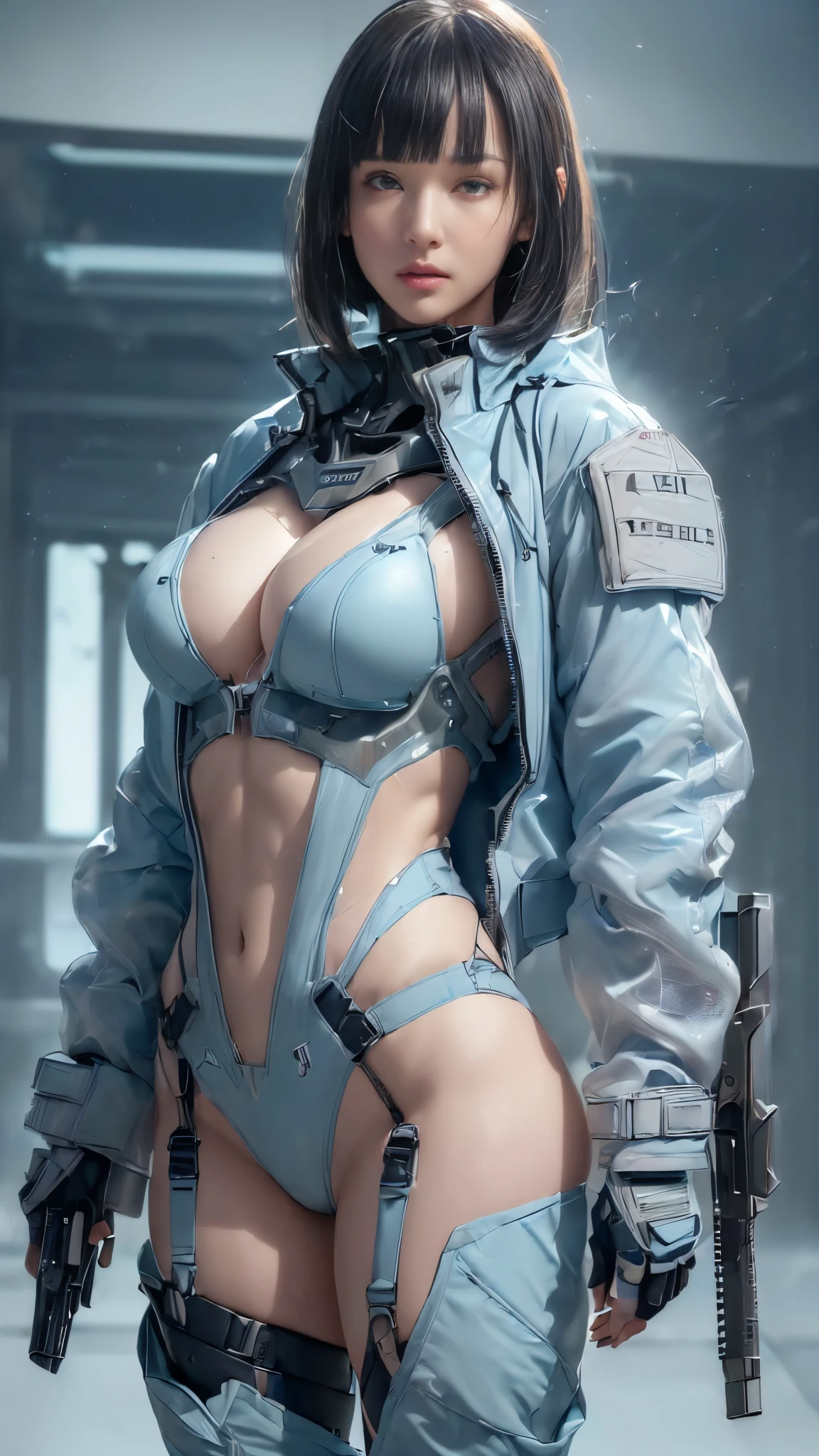 ((((In combat:1.4))))、(Browsing Caution:1.2)、((Too much exposed skin))、Very beautiful woman、Slender women、(Detailed face)、Realistic Skin、((Delicate photo))，(Girl masterpiece RAW photo details:1.25), (Highest quality:1.6), (Ultra-high resolution:1.5), (Realistic:1.75), 8K resolution, Canon EOS R5, 50mm, Absurd, Super detailed,Cinema Lighting、One Girl, 白hair,((princess_cut))、smile、 Window Shades,((Super tight light blue jacket coat)), Chest Rig, cyber punk, ((Techwear)),I can see your abs、Good top、((Big Breasts))、((The abdomen is visible))、(((Very subtle and futuristic design)))、((sexy wedgie))、((logo))、((Characters on clothing))、((With the weapons of the future))、((Posing))、(((blunt bangs)))