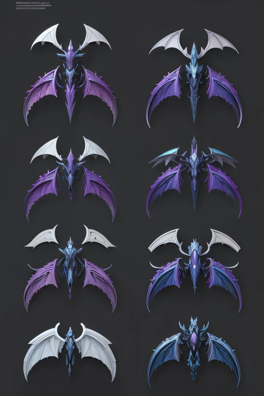 conceptual stylesheet of MULTIPLE ANGLED DRAGON WINGS, finished with MIX OF THE following styles, mechs, comix e dreamworks STUDIO