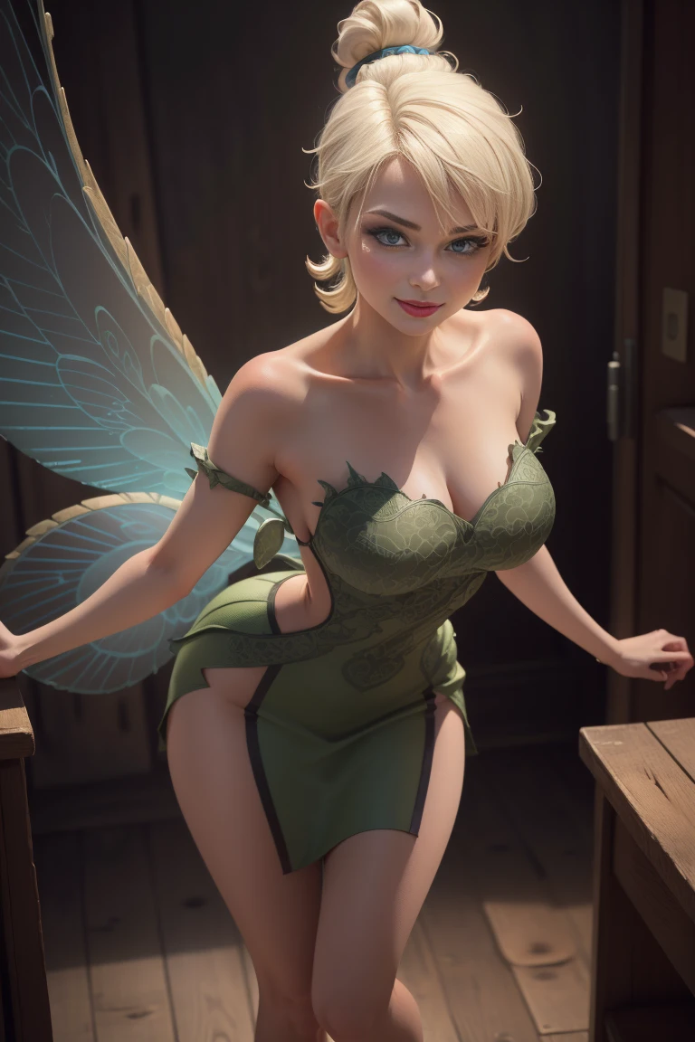 (Tinker Waifu:1), SMILE, sexy, naughty pose, looking at the viewer, big breasts, neckline, moño de un Alone cabello, short hair, (Green strapless dress:1), (fairy wings), (focus on breasts:1.2), From above, (realist:1.2), (realism), (Masterpiece:1.2), (Best Quality), (ultra detailed), (8k, 4k, intricate),(Full body photo:1),(cowboy shot:1.2), (85mm),partículas de light, Turning on, (Very detailed:1.2),(detailed face:1.2), (Gradients), showy,(detailed eyes:1.2),(detailed background),detailed landscape, (dynamic angle:1.2), (dynamic pose:1.2), (third party rule_composition:1.3), (Line of action:1.2), plano general, light, Alone, sexy, show skin