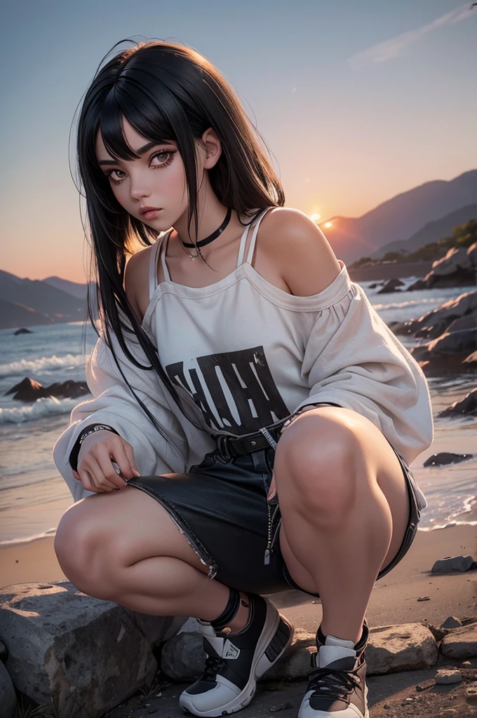 woman with black hair, grey-eyed, Caucasian skin, lying surrounded, grunge style, bangss, small eyes, Bela , 8K, white wigs,SUNSET, 2000s, toned full body