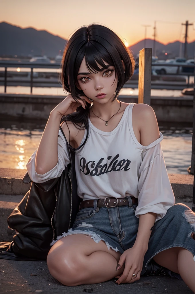 woman with black hair, grey-eyed, Caucasian skin, lying surrounded, grunge style, bangss, small eyes, Bela , 8K, white wigs,SUNSET, 2000s, toned full body