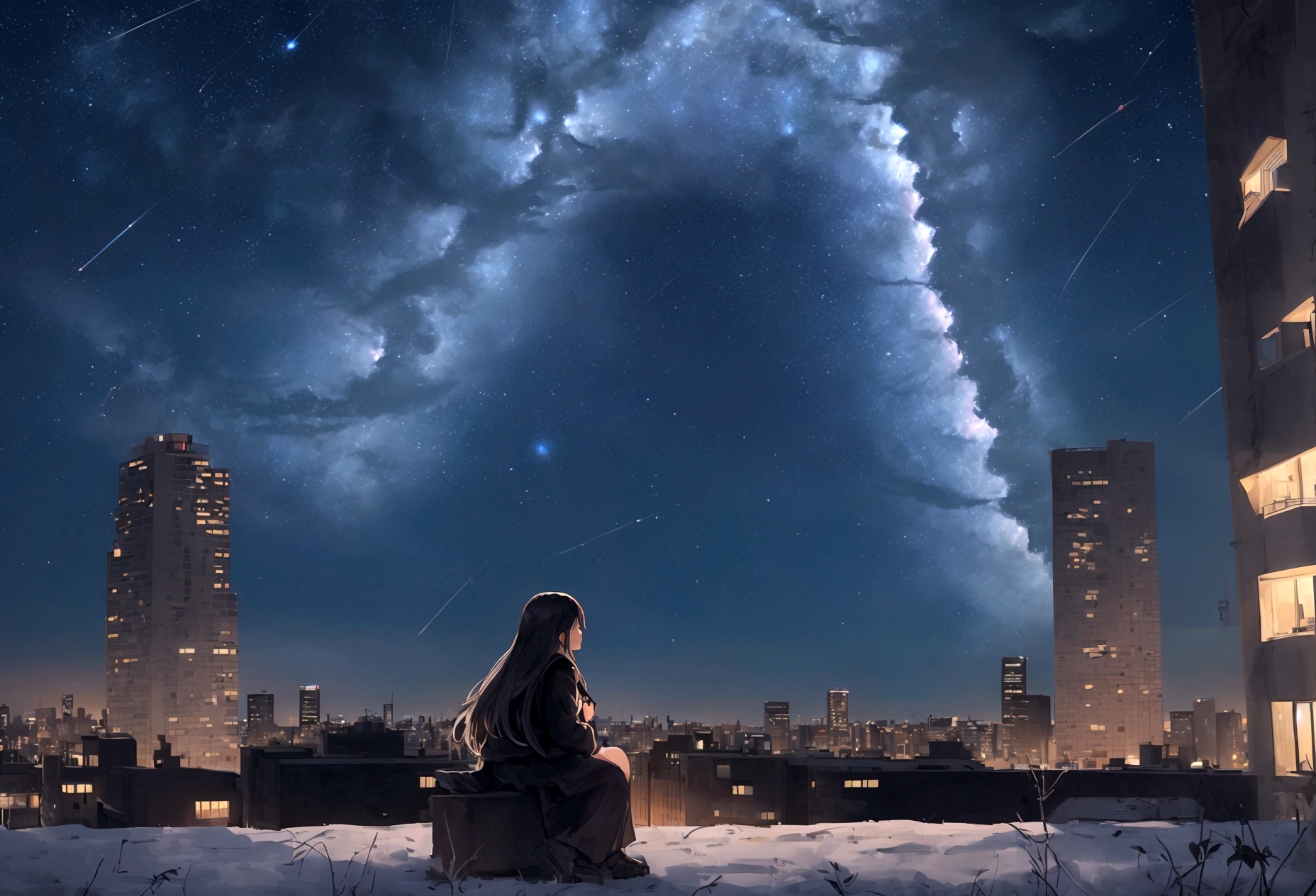 masterpiece, octane, sky, stars (sky), scenery, starry sky, night, one girl, night sky, alone, outdoors, buildings, clouds, milky way, sitting, trees, long hair, city, silhouette, city scape,masterpiece,32k