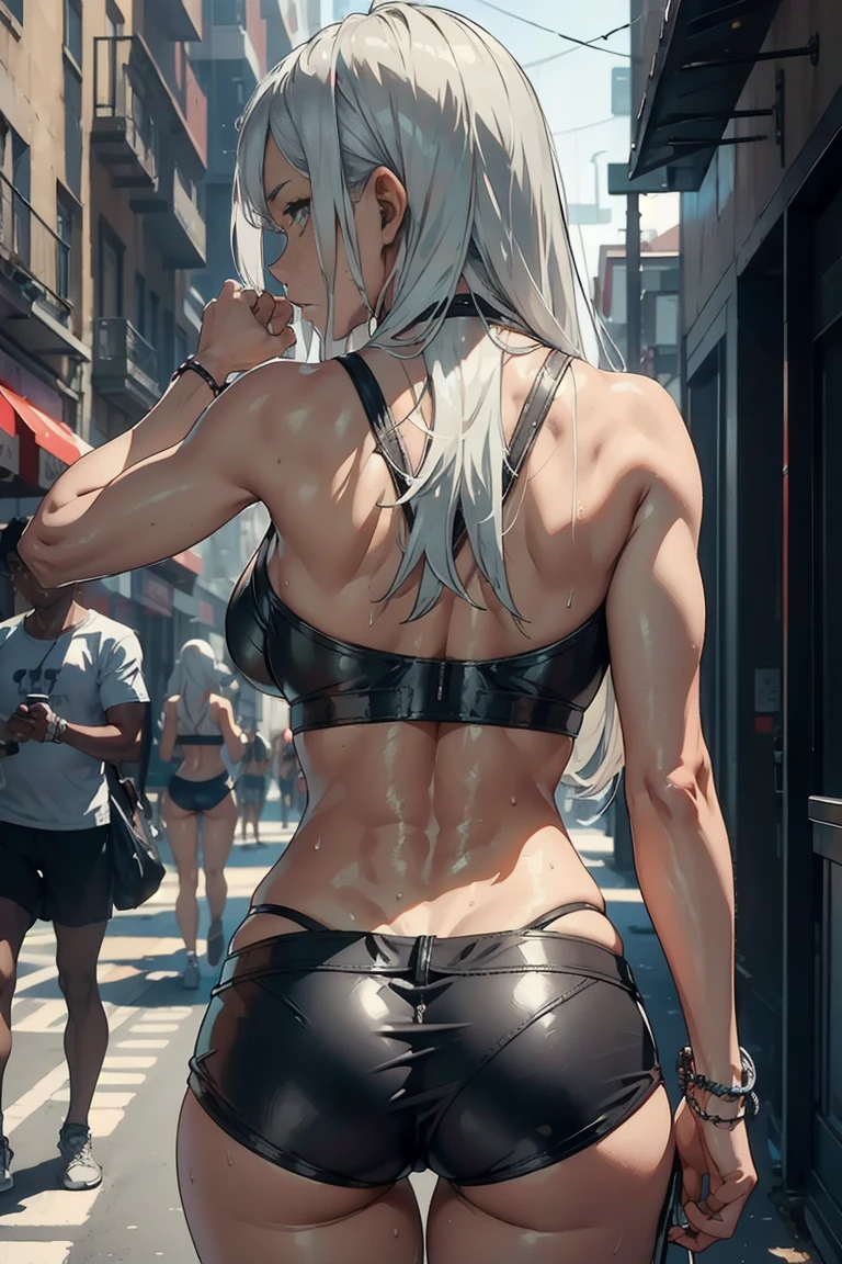 (masterpiece), best quality, perfect face, silver hair, long hair, short leather shorts, sweat, dirty bikini, , buttom, fitness, street, cleavage, back, sweat