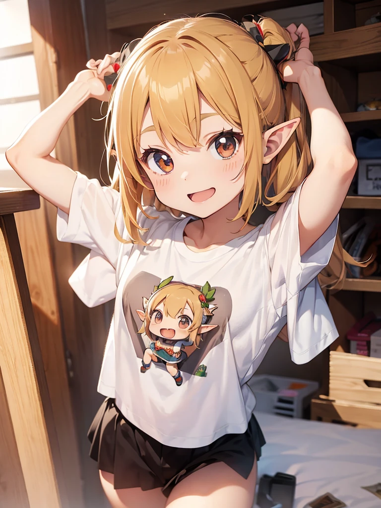 (chibi-style), an little cute elf girl, ((over large size t-shirts)), smile