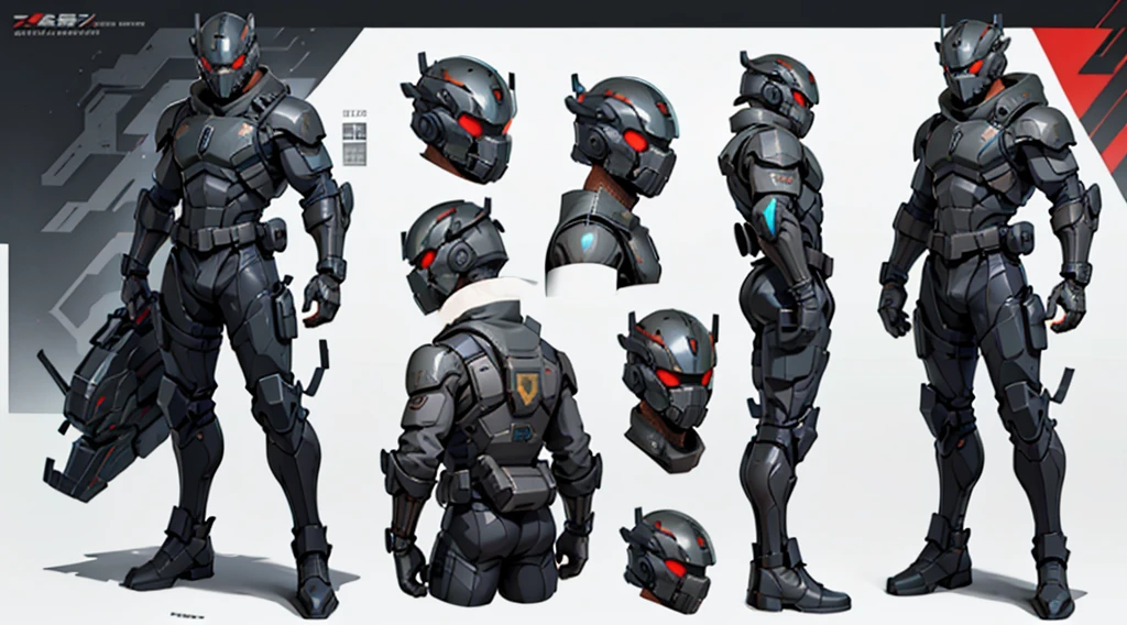 Character design sheet、male、Black combat uniform、Body Armor、Powered Suit、Full Face Mask、cyber punk