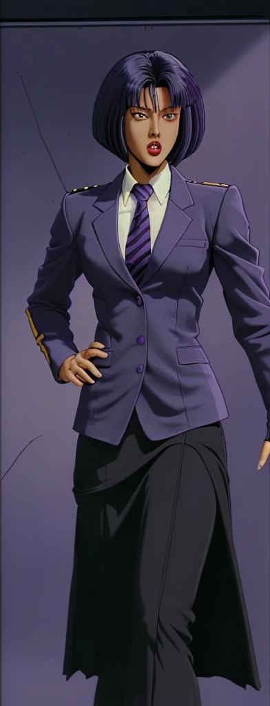 90s style skinny Anime Evil black skinned business woman in a purple military skirt suit with a tie on