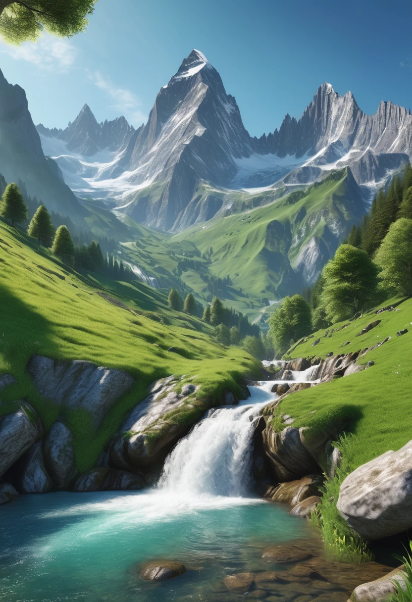 a vast, majestic alpine mountain range, towering peaks, lush green meadows, flowing waterfall cascading down rocky cliffs, stunning natural landscape, fantasy, hyperrealistic, 8k, best quality, masterpiece, extremely detailed, photorealistic