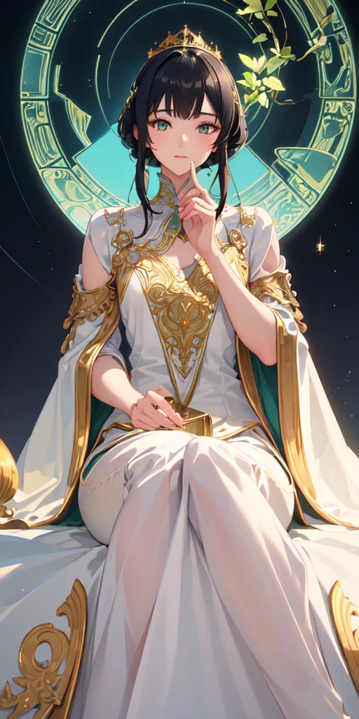 (Masterpiece:1.2), best quality, (illustration:1.2), (ultra-detailed), hyper details, (delicate detailed), (intricate details), (cinematic light, best quality Backlights), clear line, from below, soloist, perfect body, (1boy), black hair and green eyes, wolf hair, (king, white clothes), sitting on the throne, eyes slightly closed, head down, (shy: 1.2 ), (makeup), high contrast, (best illumination, an extremely create and beautiful), (cinematic light), colorful,